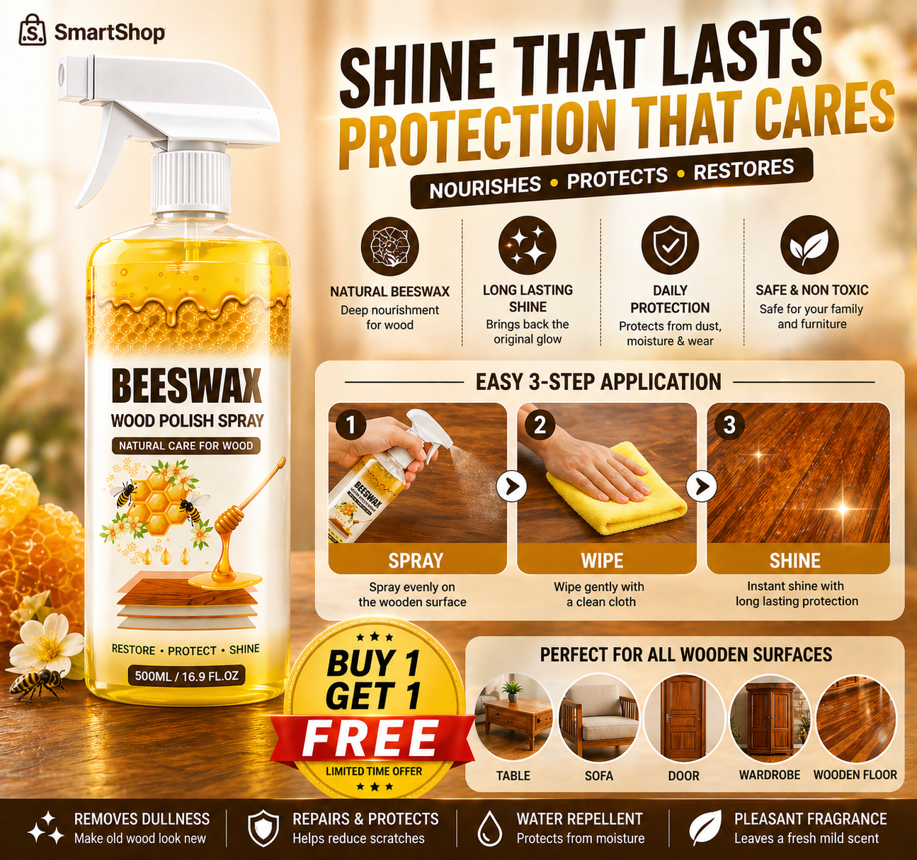 Beeswax Wood Polish Spray | Restore Shine Protect Furniture | BUY 1 GET 1 FREE!