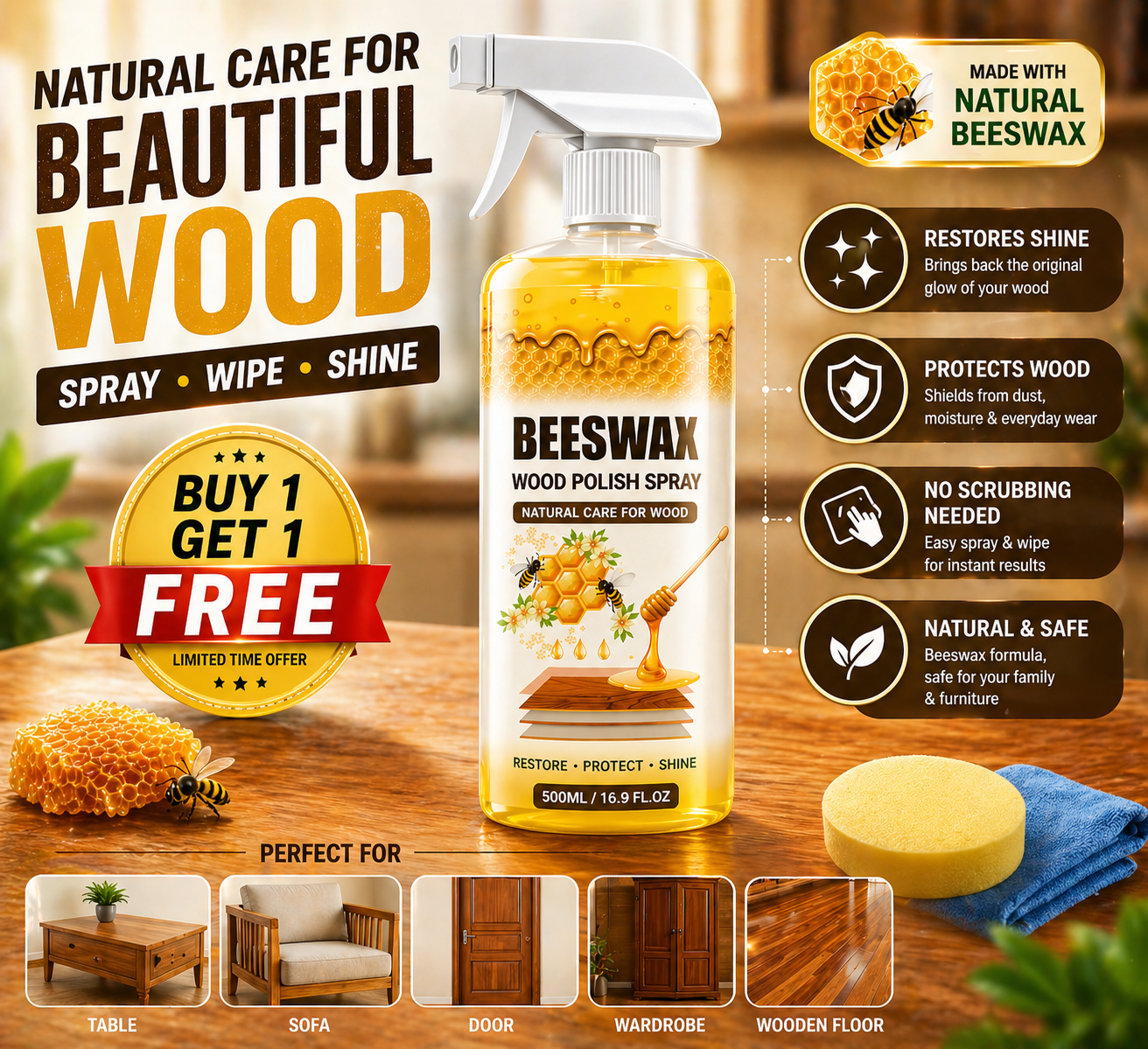 Beeswax Wood Polish Spray | Restore Shine Protect Furniture | BUY 1 GET 1 FREE!